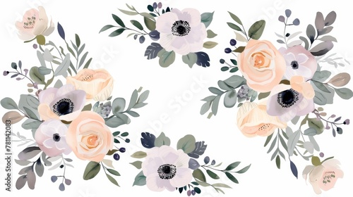 Flower bouquet in modern format: garden pink peach lavender creamy powder pale Rose wax flower, anemone Eucalyptus branch greenery leaves berries.