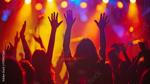 Enthusiastic silhouettes sway beneath vibrant stage lights, hands skyward, immersed in the euphoria of live music's electric embrace. 