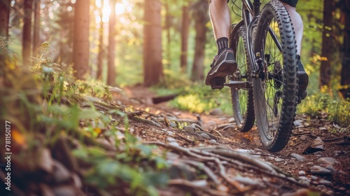 Mountain biking in forest. Generative AI