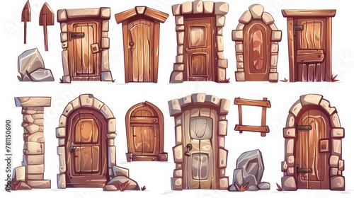Wooden front door with stone frame isolated on white background. Modern cartoon set of house entrance, brown closed, ajar and open doors. Illustration for sprite animation or 2d game.