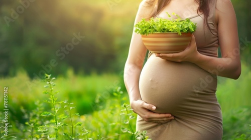 The focus zooms in on a soon-to-be mom embracing a bowl of crisp salad, eloquently highlighting the vital role of nutritious choices in pregnancy. 