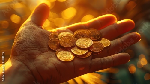 A high-angle view of a person's hand holding a handful of coins, the skin tone complementing the warm orange tones of the background.
