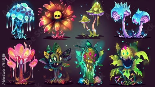 A set of fantasy flowers, trees, and mushrooms from a faraway planet, with dripping slime, teeth, and eyes. Everything is painted in modern style. An unusual fungus and grass is glowing with a mystic