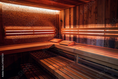 Interior of wooden sauna with light colored walls and benches, multiple levels of seating, infrared heaters emitting soft red glow, and cozy atmosphere.