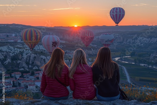 Friends sit watching a majestic sunrise with hot air balloons dotting the horizon over a unique rocky landscape, embracing the beauty of the moment together.