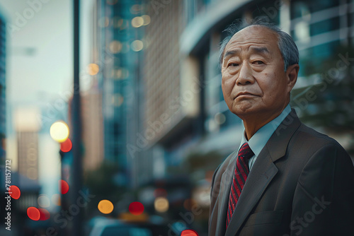 horizontal image of an old asian businessman walking in the street, serious unsatisfied expression