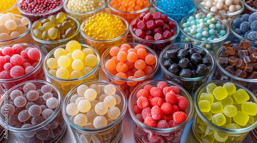 multitude de pots de bonbons en gommes de toutes les couleurs sur une table