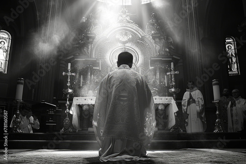 Silhouetted against the luminous altar, a priest kneels in profound reverence, his figure illuminated by the celestial light cascading through the cathedral.