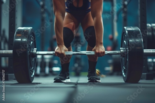 Focused woman performing deadlift exercise at gym, showcasing strength and determination