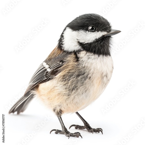Black-capped Chickadee standing side view isolated on white background, photo realistic.
