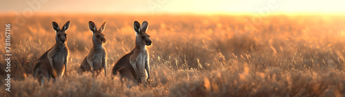 Kangaroo standing in the savanna with setting sun shining. Group of wild animals in nature. Horizontal, banner.