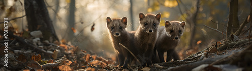 Marten family in the forest with setting sun shining. Group of wild animals in nature. Horizontal, banner.