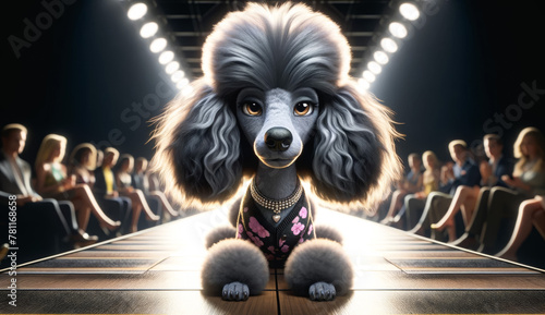 AI generated illustration of a glamorous poodle with a stylish haircut is on a runway