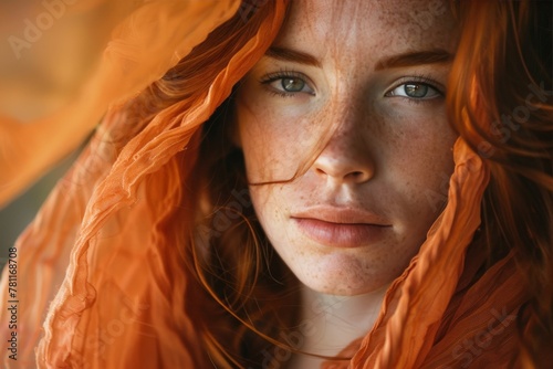 AI generated illustration of a redhead woman with an orange headscarf looking at the camera