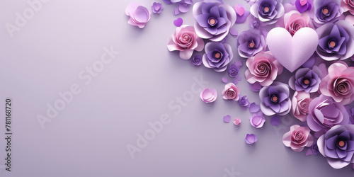 Purple paper flowers on a purple background with confetti. This vibrant and festive asset is great for wedding invitations, greeting cards, party decorations, Mother's Day and Valentine Day 