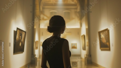 AI generated illustration of a woman in a black dress walking through a dimly lit art gallery