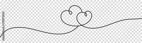One continuous line drawing of two hearts with love signs. Vector illustration isolated on transparent background