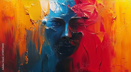 Abstract Painting of a Man's Face with Orange yellow and Blue