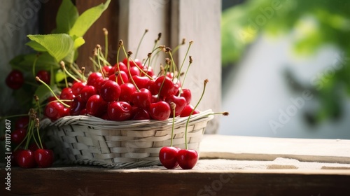 Ripe cherries displayed on a rustic windowsill in a basket