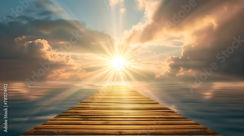 panoramic view of a wooden pontoon leading to a bright sun with light rays reflecting in clear water and piercing a cloudy sky , sunrise , landscape