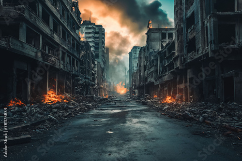 Empty street of burnt up city. Apocalyptic view of city downtown as disaster film poster concept. City destroyed by war