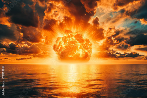 Dramatic explosion of nuclear bomb in ocean, vibrant orange mushroom cloud rising up from the sea