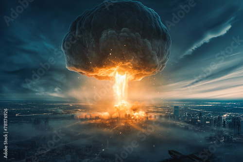 Nuclear war - Massive vibrant orange mushroom cloud from an Atomic explosion