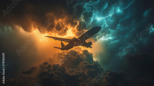 A cargo planes silhouette visible against a sky lit up by an electrical storm, flying on the edge of a squall line
