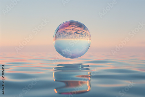 A colourful bubble suspended above a calm water surface, Orb-shaped water drops suspended in the air, calm water, calm atmosphere