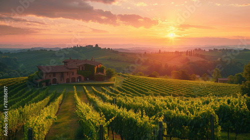 Sunset over the lush vineyards of the scenic Tuscan countryside in Italy.