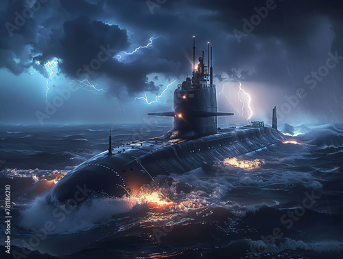 The rare sight of a submarine surfacing in the middle of a stormy sea, lightning striking in the background