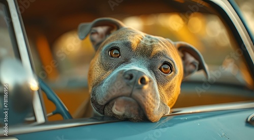 AI generated illustration of a pit bull terrier peering out of an open window of a car