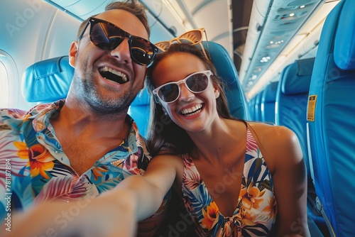 A happy couple taking selfie photo on airplane, Happy tourist taking selfie inside airplane - Cheerful couple on summer vacation - Passengers boarding on plane - Holidays and transportation concept
