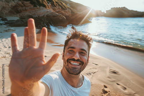 A happy man taking a selfie at the beach, wearing summer attire and a hat Happy tourist take selfie self-portrait with smartphone man on vacation looking at camera - Holidays and travel concept