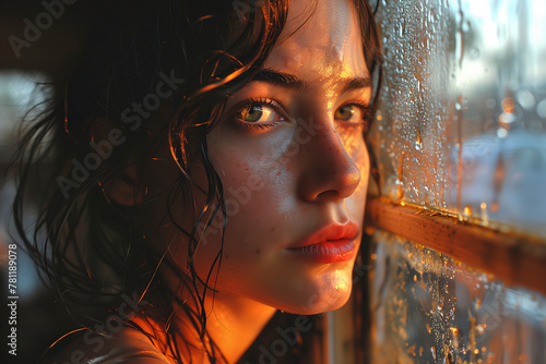 a woman stares out a window covered in water droplets,