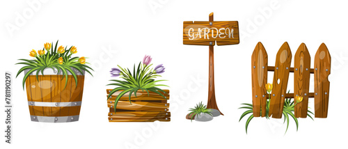 Set of wooden flower beds, sign, vegetable garden and fence for the dacha