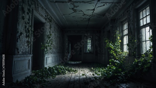 Overgrown leaves and ivies fill a dimly lit room, AI-generated.