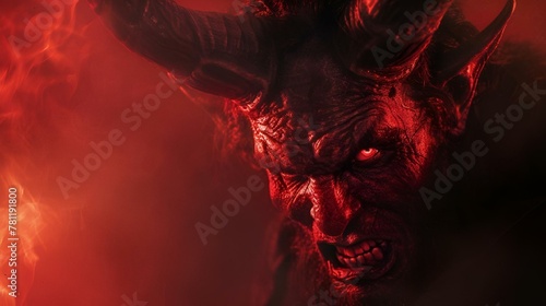 AI generated illustration of an ominous demon with elongated horns silhouetted against a fiery sky