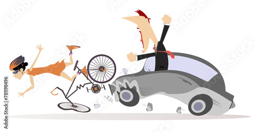 Traffic accident. Bike accident - collisions with car. Road collision. Automobile knocking down woman riding on the bicycle. Angry driver shouting to a cyclist woman 