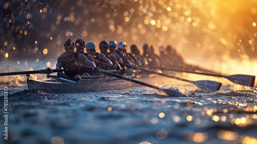 Synchronized rowing team in action, oars slicing through the water in unison. The energy and coordination evoke the spirit of teamwork.