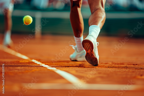 Tennis player in action on clay court, focus on shoes and ball.