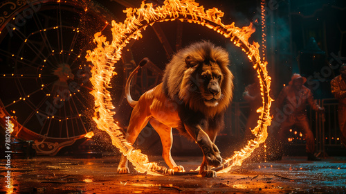 A circus animal showing troupe performing a lion jumping through a ring of fire
