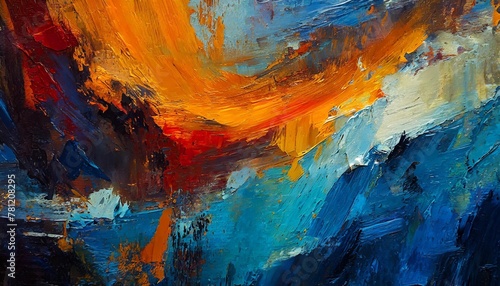 closeup of abstract rough colorful blue orange complementary colors art painting texture background wallpaper with oil or acrylic brushstroke waves pallet knife paint on canvas generative ai