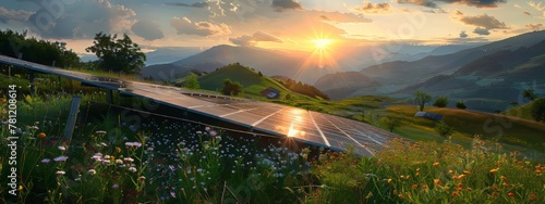 Solar panels with blue sunset sky and sun in the background. Installed solar panels, green energy. Renewable energy concept with solar panels against a vibrant sunset and cloudy sky.