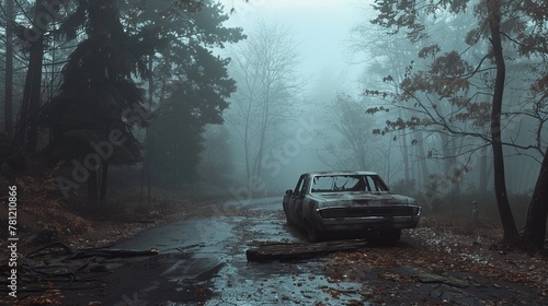An abandoned car on a foggy road at dawn