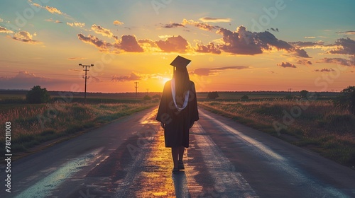 Girl in graduation hat from behind, street road with sunset background