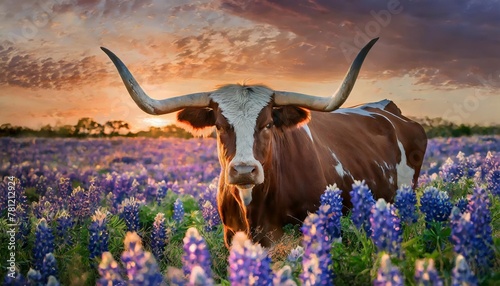 texas longhorn cow in a field of bluebonnets at sunset texas iconic landscape