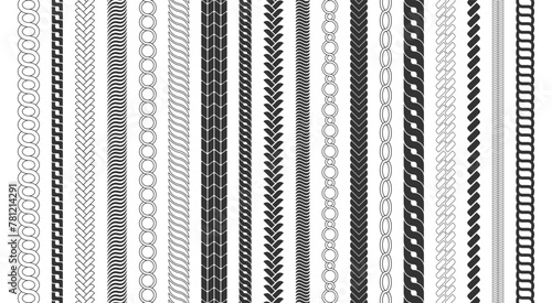 Chain pattern brushes set braided rope isolated on white background. Rope brushes frame, decorative black line set. Thick cord or wire elements.
