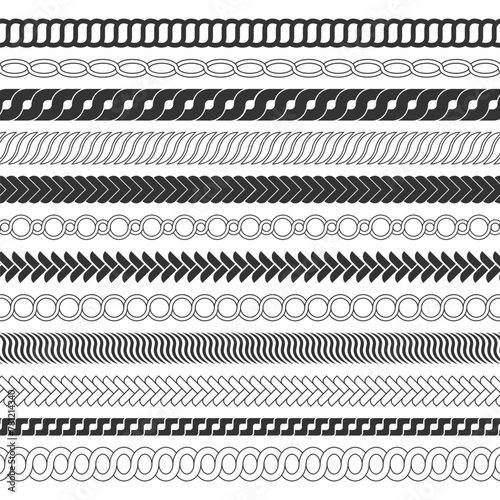 Chain pattern brushes set braided rope isolated on white background. Rope brushes frame, decorative black line set. Thick cord or wire elements.