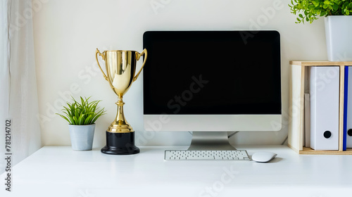 trophée en or à côté d'un écran d'ordinateur pour l'élection du meilleur site internet de l'année